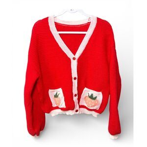 Strawberry Pattern Drop Shoulder Knit Cardigan Medium